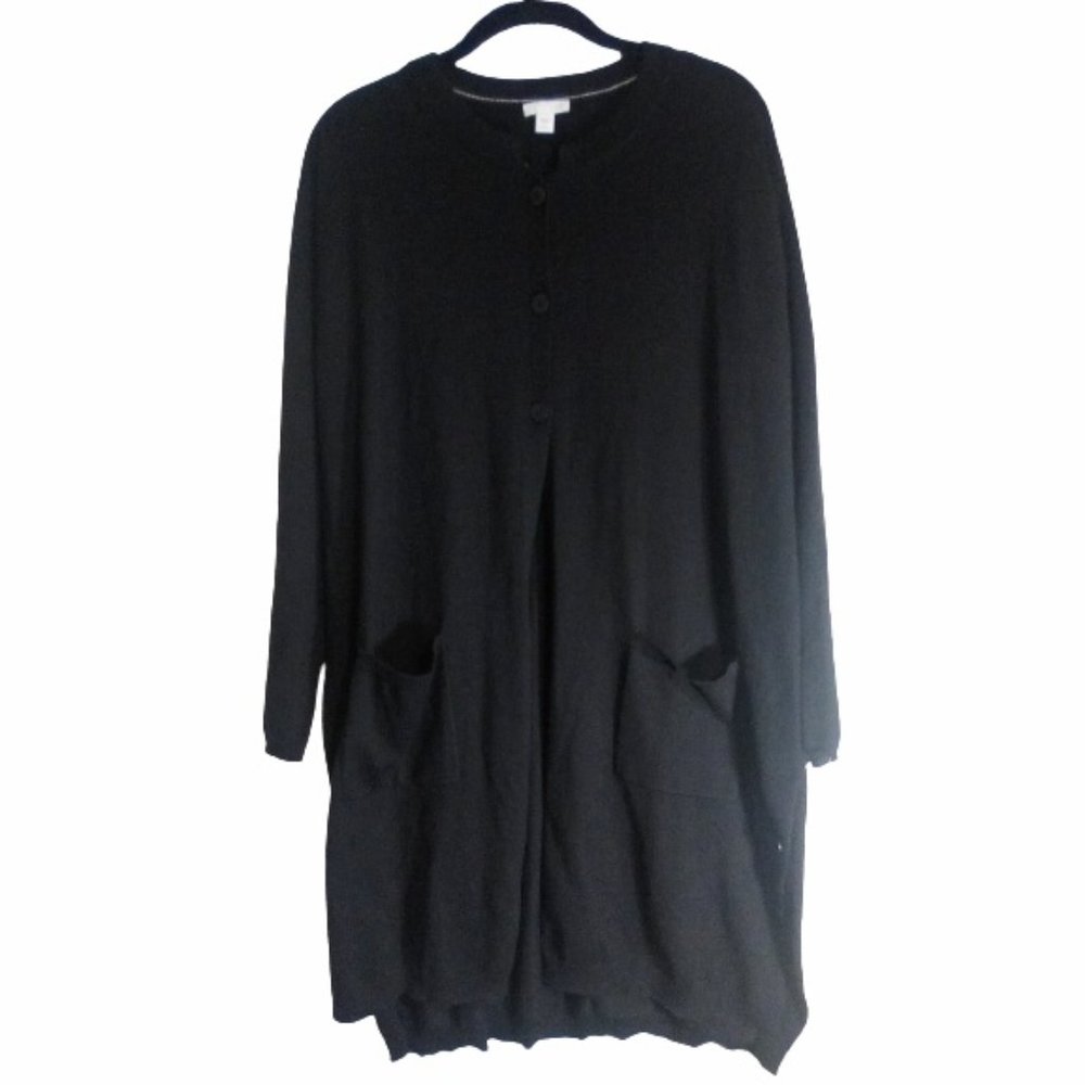 J Jill Knit Black Long Cardigan Large Petite 1/4 Button Up Crew Neck Wool Mix